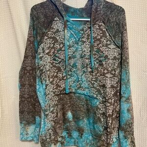 Turquoise and Gray Patterned Hoodie with Studded Detail